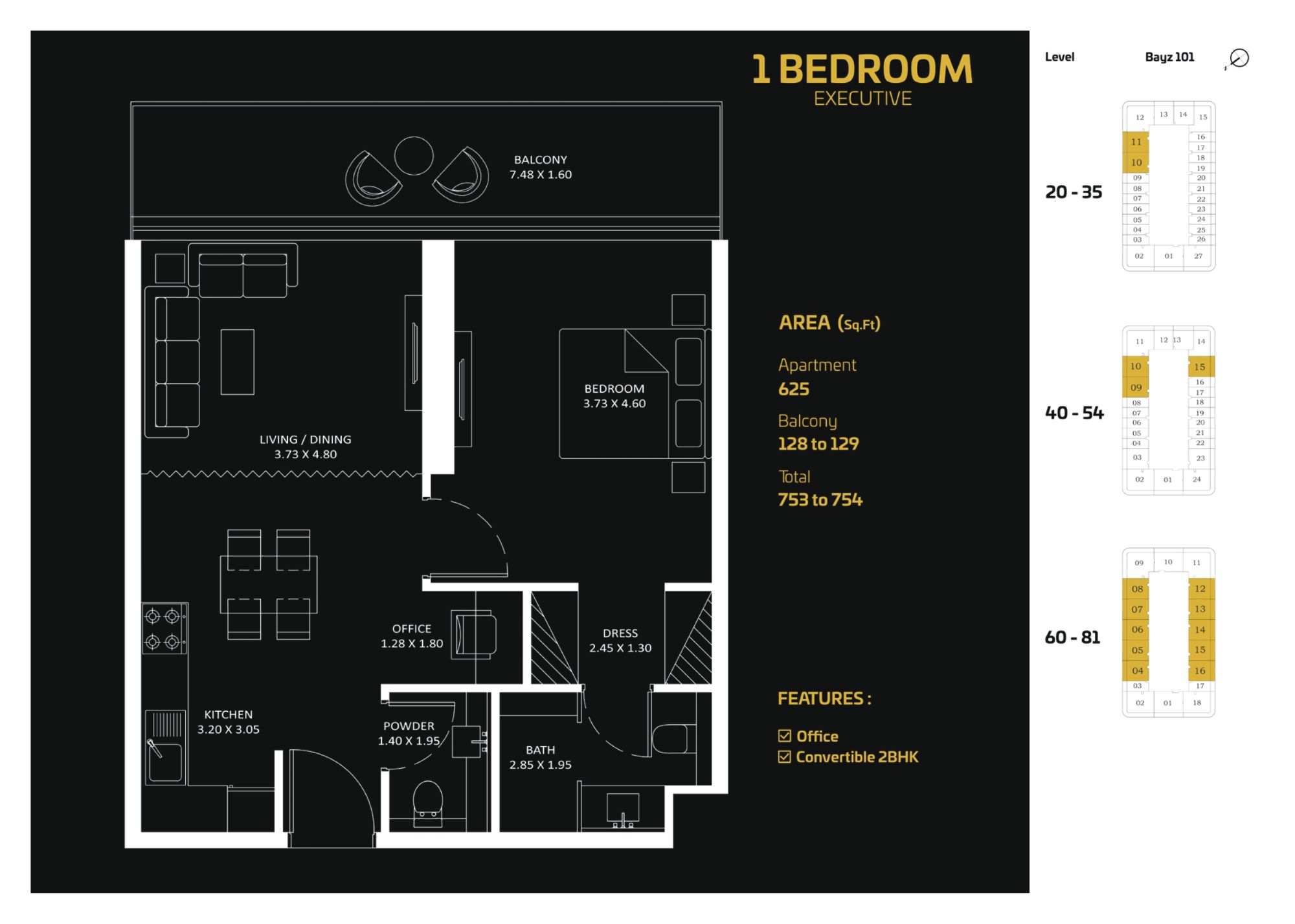 BAYZ101 by Danube - 1 Bedroom Apartment + Office