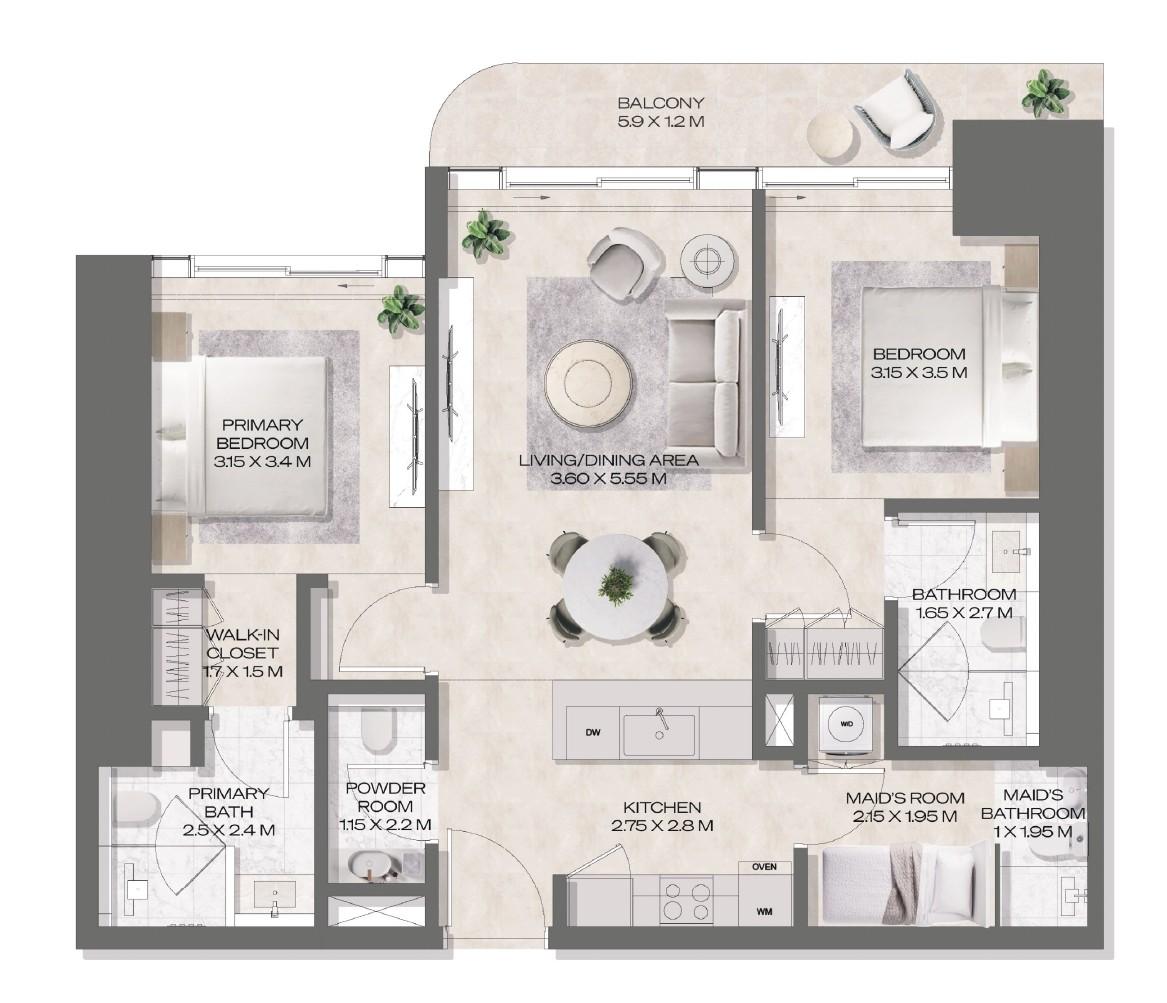 DWTN Residences - 2 Bedroom Apartment + Maid Room