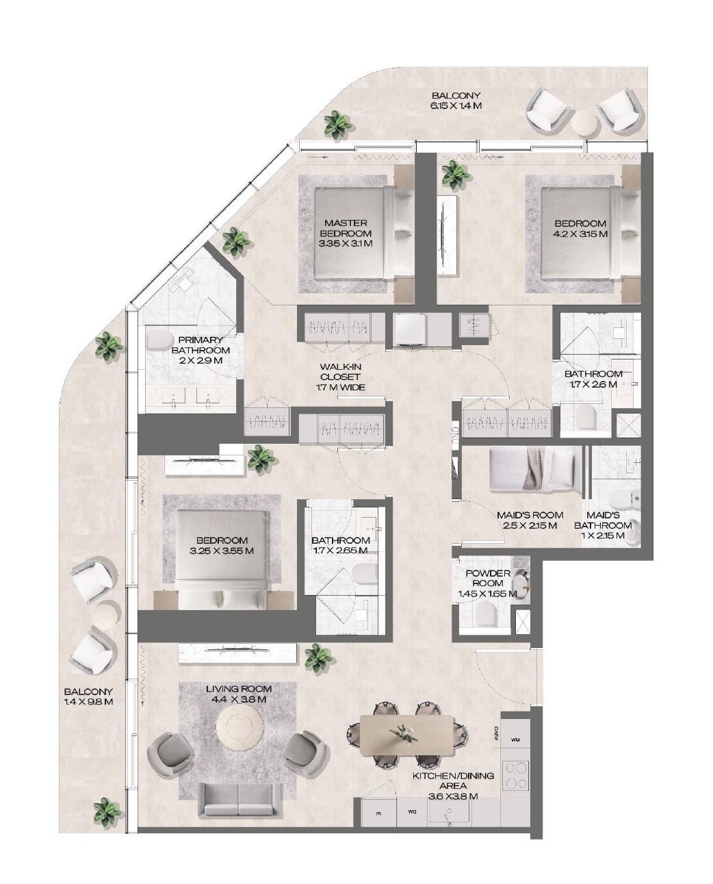 DWTN Residences - 3 Bedroom Apartment + Maid Room