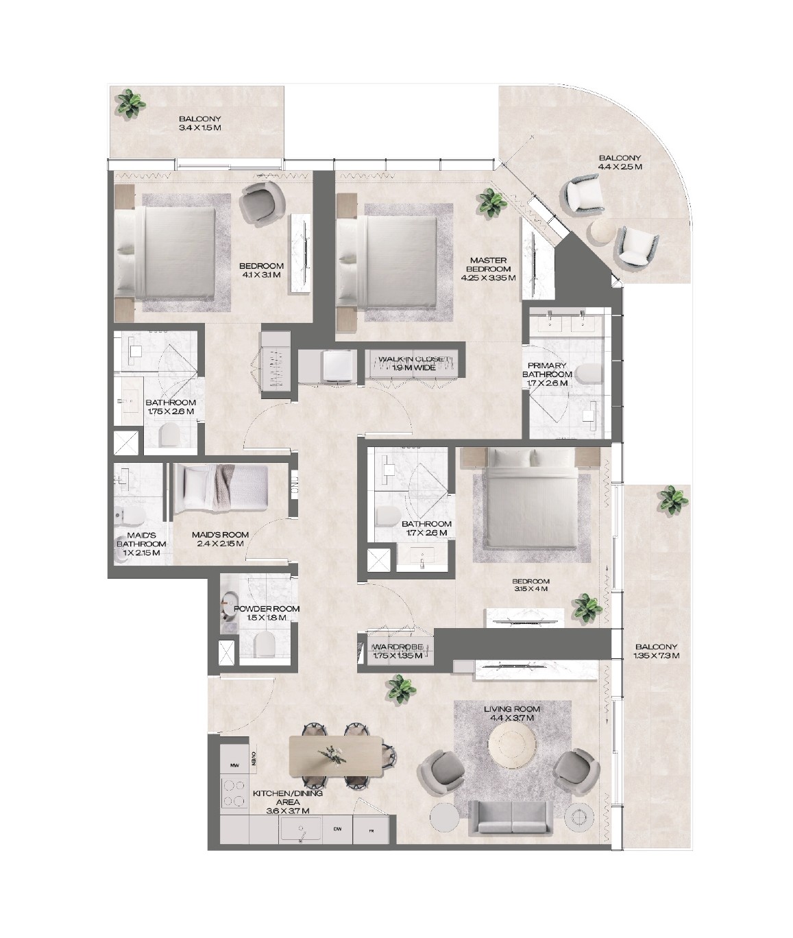 DWTN Residences - 3 Bedroom Apartment + Maid Room