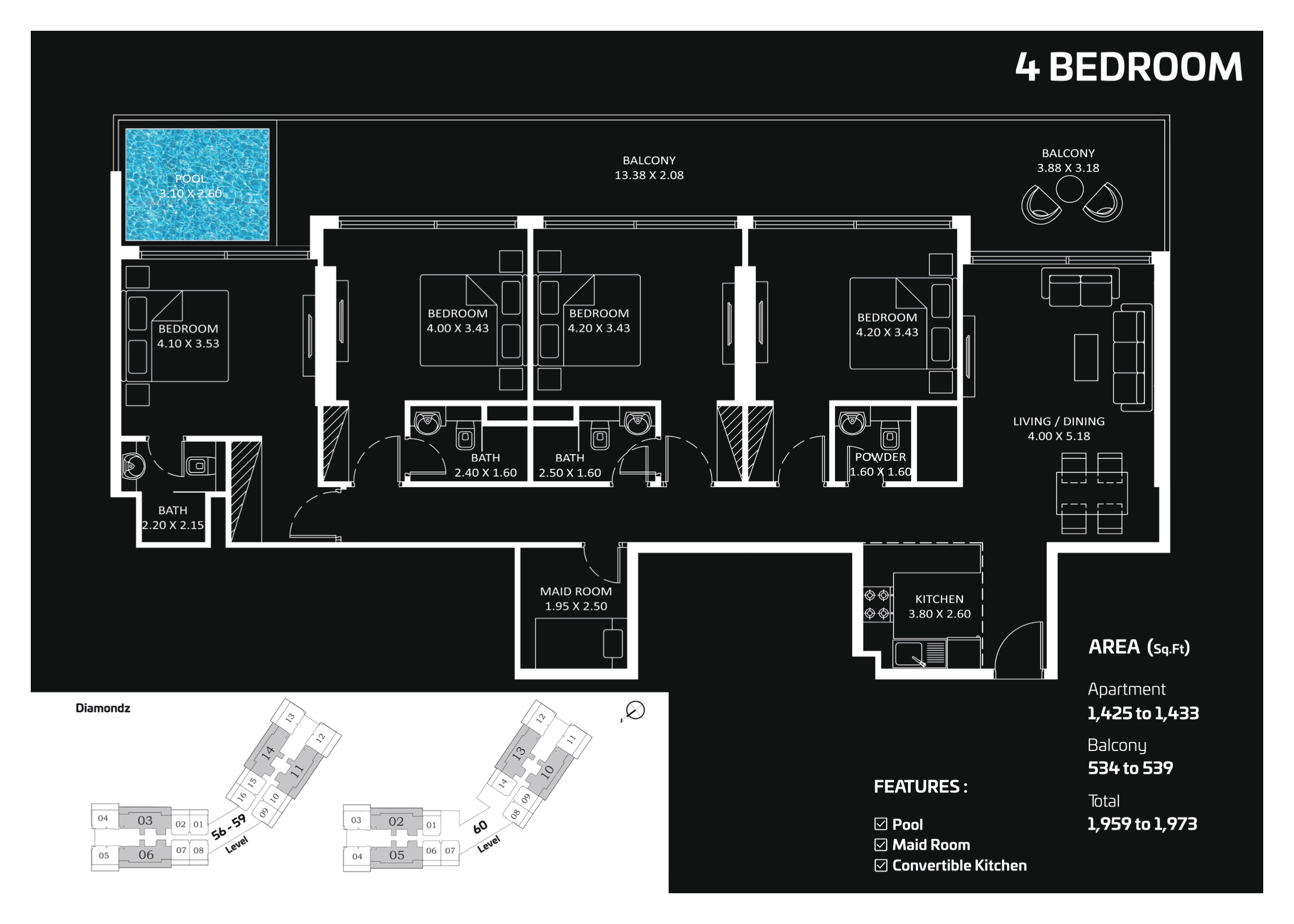 DIAMONDZ -4 Bedroom Apartment With Pool