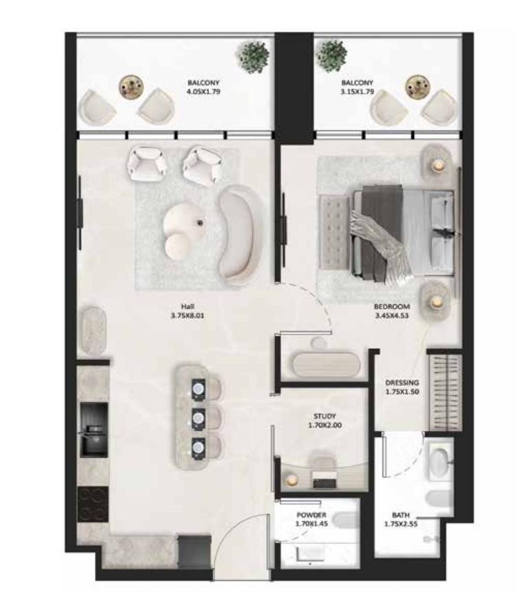 SquareX One by Tasmeer Indigo - 1 Bedroom Apartment + Study Room