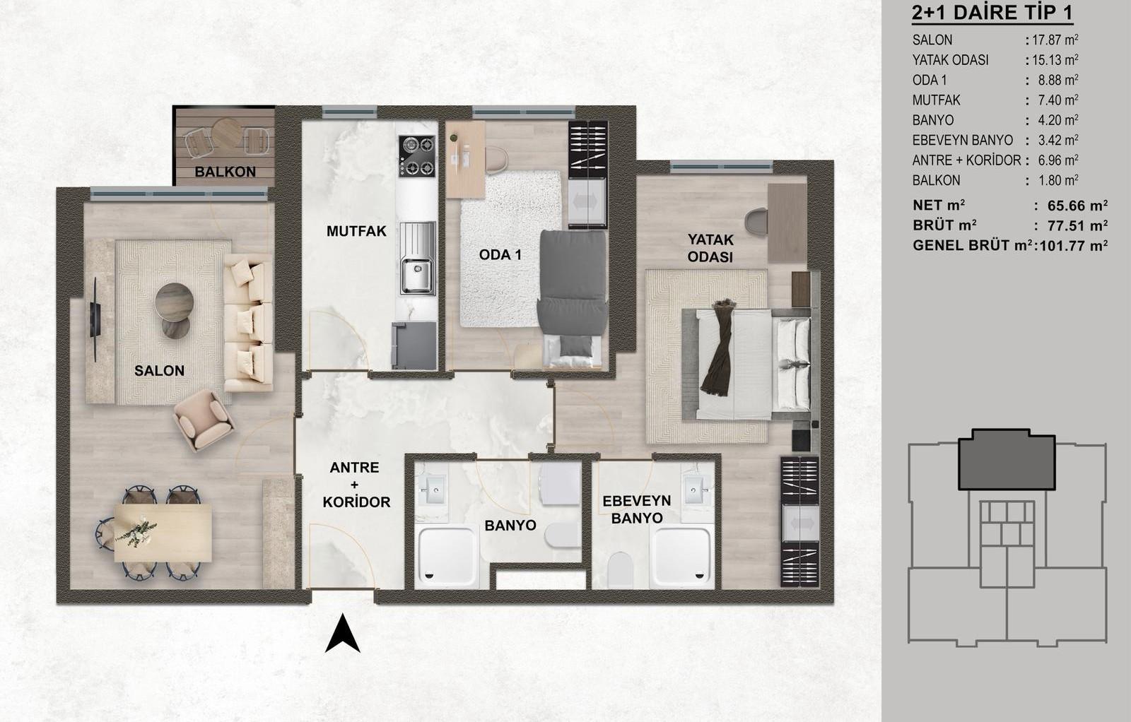 One 1+1 and Two 2+1 Luxury Apartments at The One Gunesli – Suitable for Citizenship