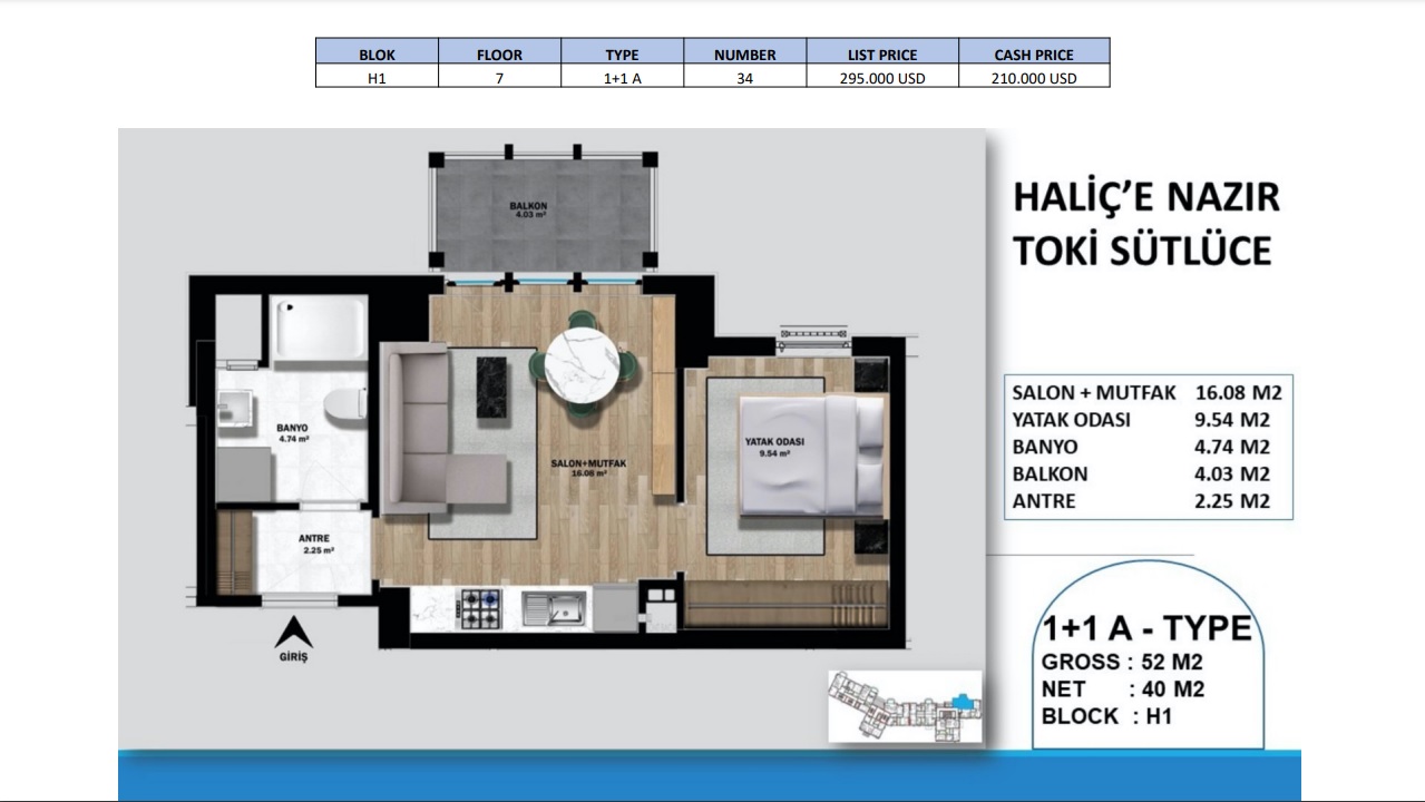 One bedroom apartment in Haliçe Nazır/Sütlüce Toki project
